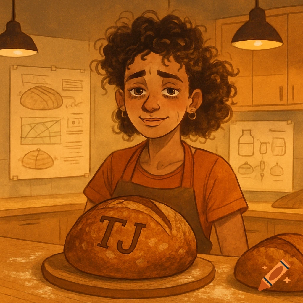 Smiling woman with curly hair and an apron in a bakery, proudly displaying a loaf of bread with "TJ" carved into it. Illustrated style.