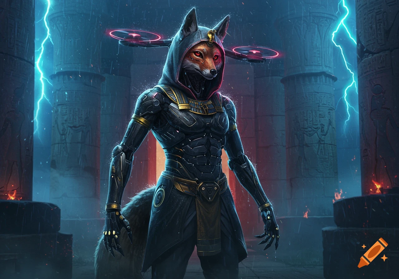 A futuristic Egyptian fox warrior in a sleek black and gold robotic suit stands in a stormy ancient temple with lightning.