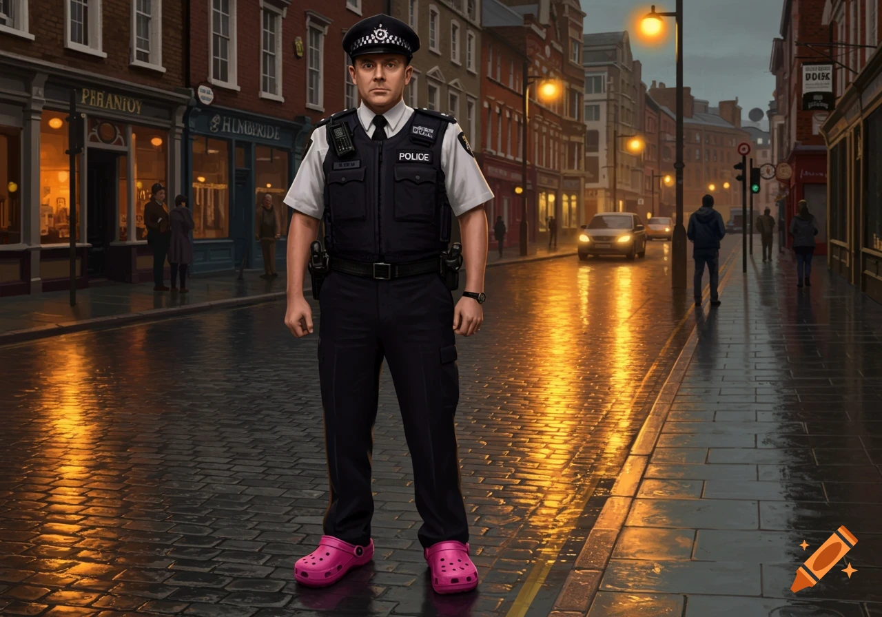A police officer in uniform and pink Crocs stands on a wet, cobblestone street at night, illuminated by streetlights and shop windows. Photorealistic style.