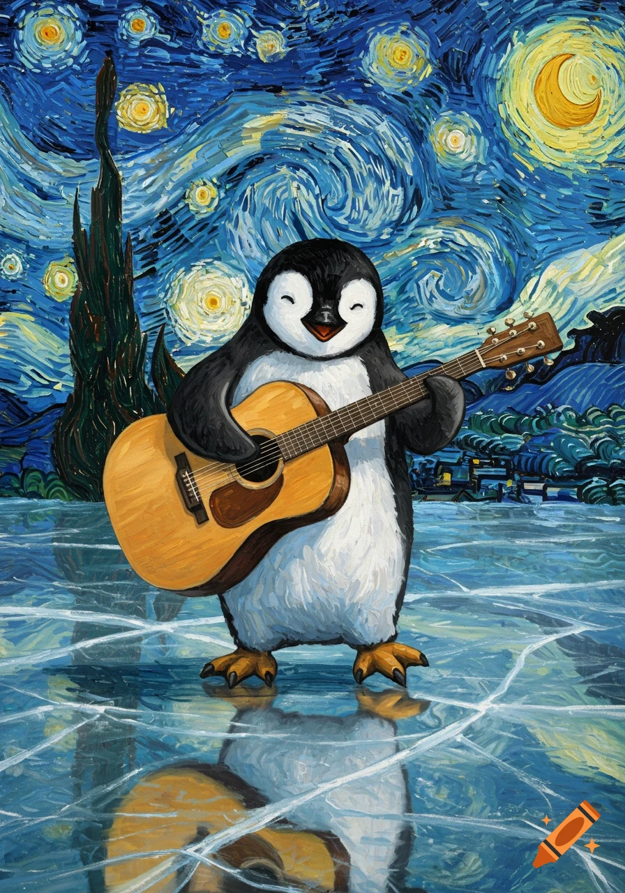 A cute penguin plays an acoustic guitar on cracked ice under a swirling Van Gogh-style starry night sky.