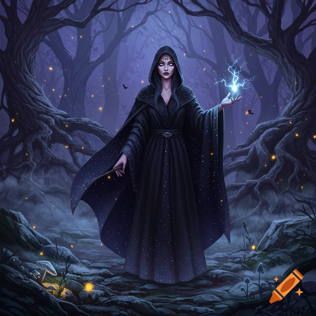 A dark sorceress in a hooded robe stands in a misty, gnarled forest, holding a glowing wand and conjuring lightning.