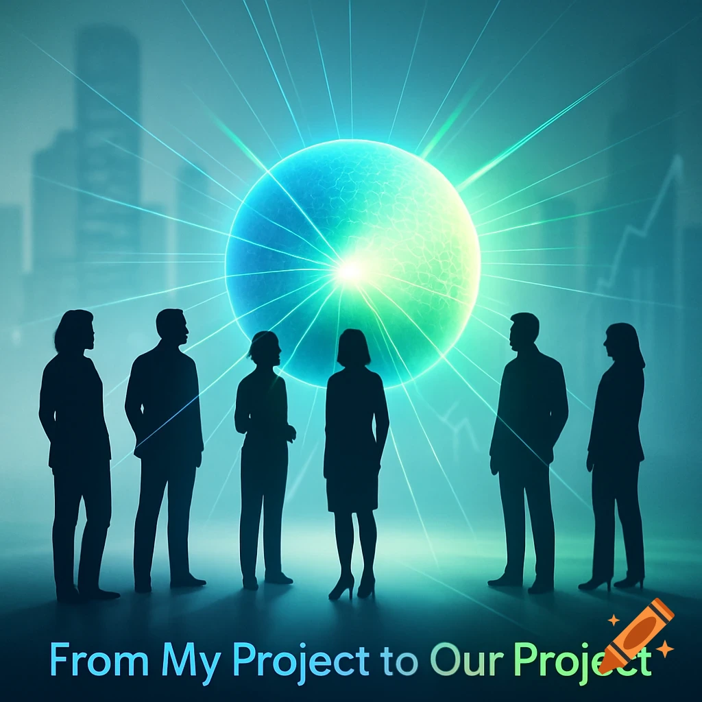 Silhouettes of six business people facing a glowing blue-green orb against a cityscape, with text 'From My Project to Our Project'.
