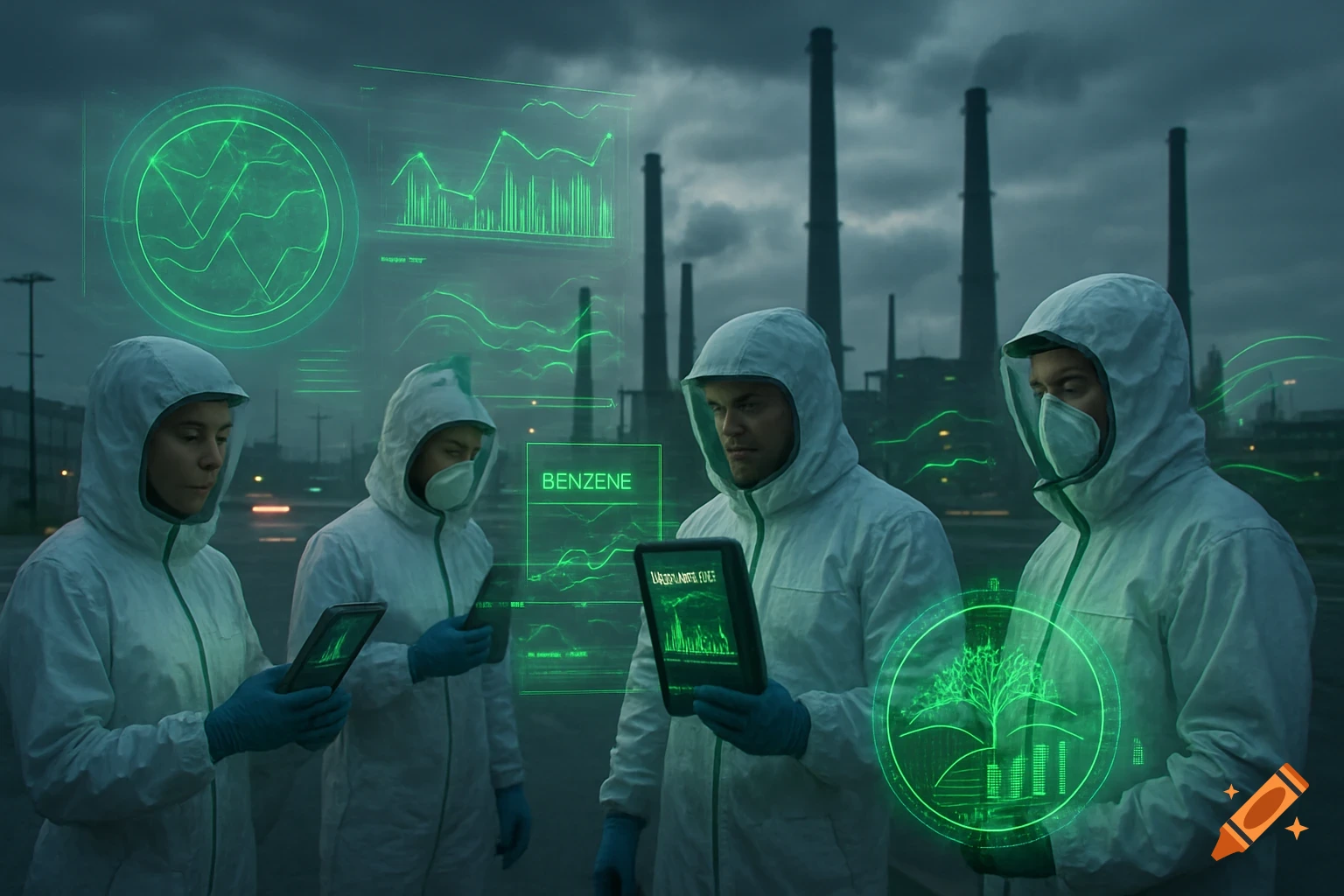 Four scientists in white hazmat suits and blue gloves stand in front of industrial smokestacks, looking at glowing green holographic data displays and tablets showing graphs and the word "BENZENE".