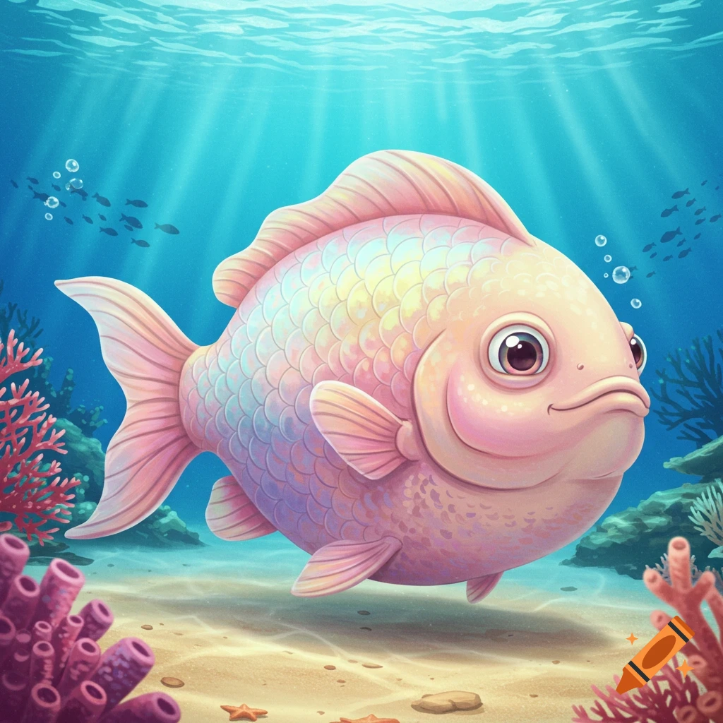 A cute, plump cartoon fish with pink and iridescent scales swims in a vibrant blue underwater scene with coral and sun rays.