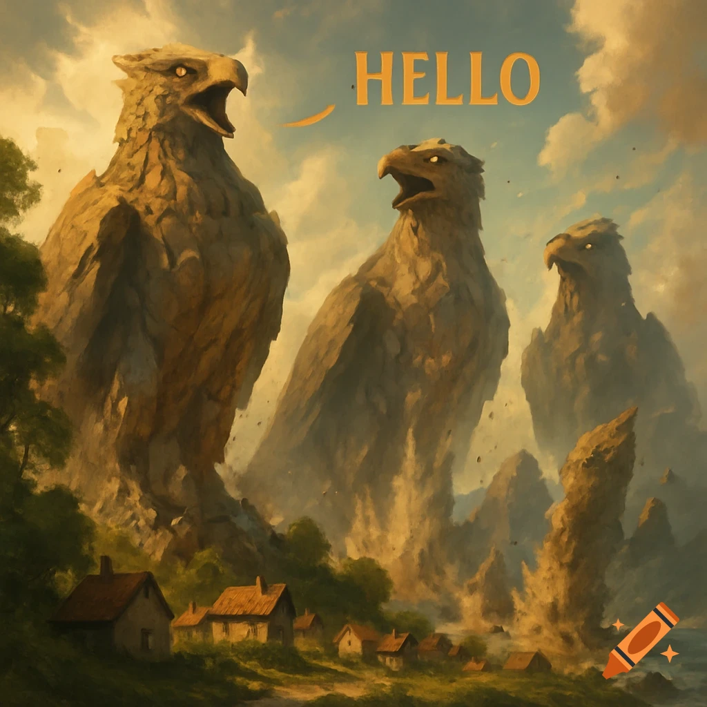 Giant rock creatures resembling birds, some with open mouths, tower over a small village under a cloudy sky. The word "HELLO" appears in the sky.
