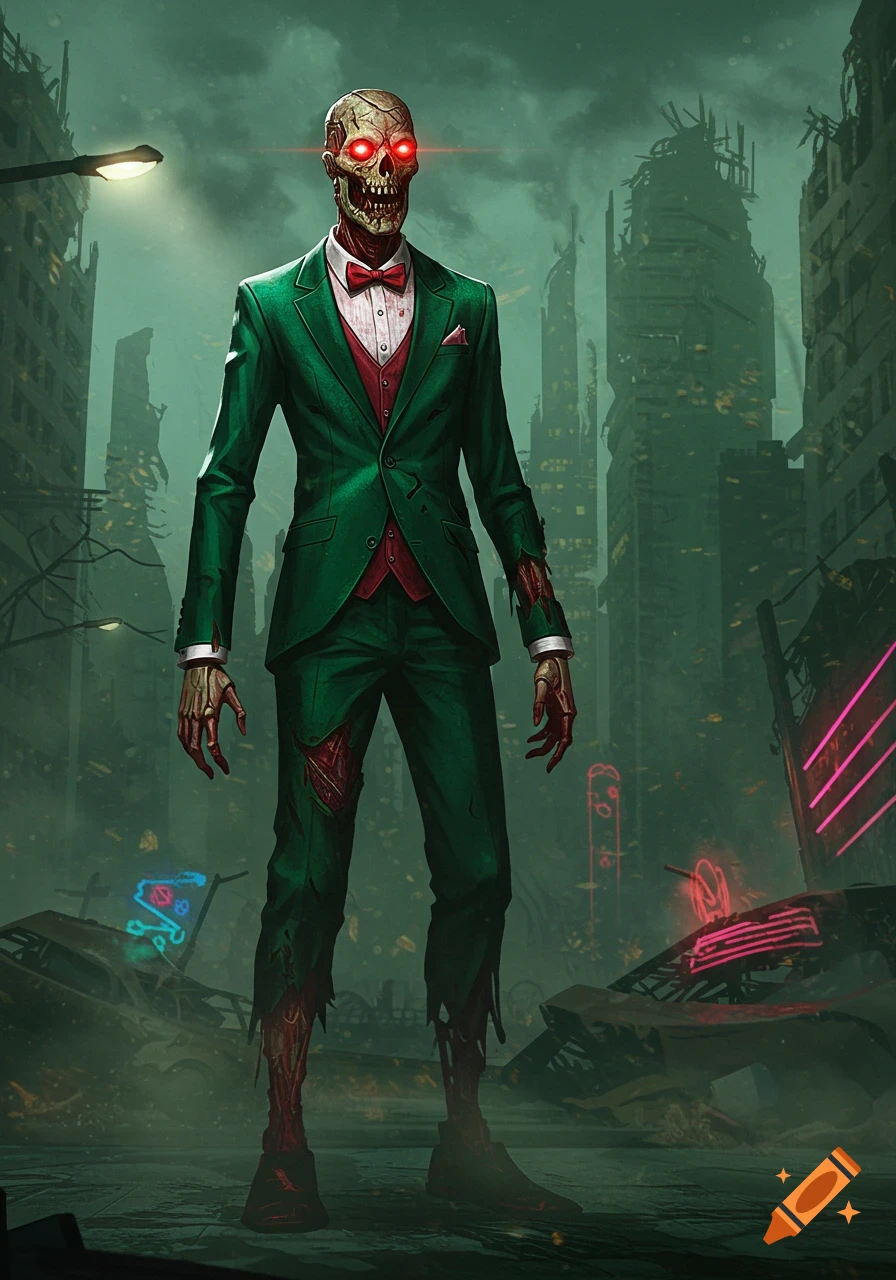 Stylized image of a zombie in a green tuxedo with glowing red eyes standing in a dark, ruined city with neon lights.