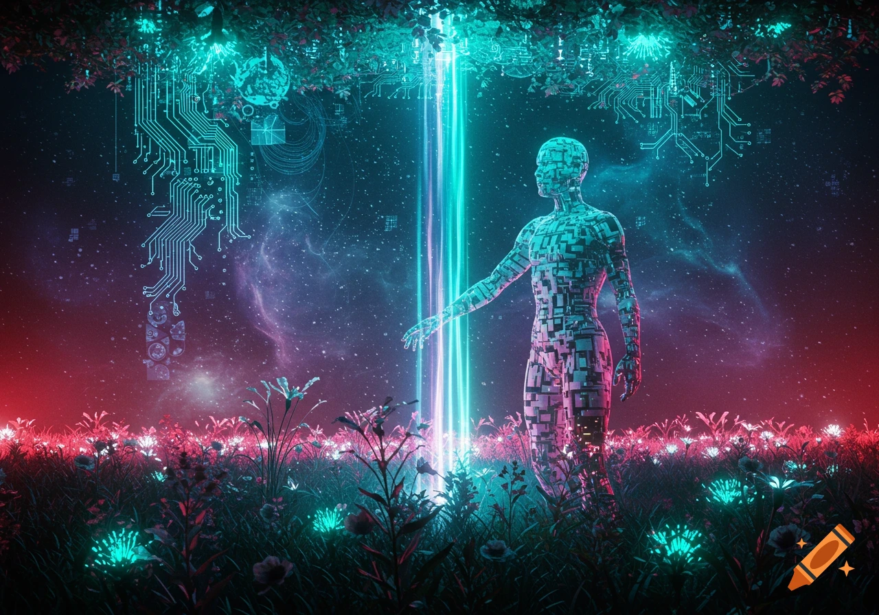 A digital humanoid figure stands in a neon bioluminescent field under a cosmic sky with circuit board-like trees.