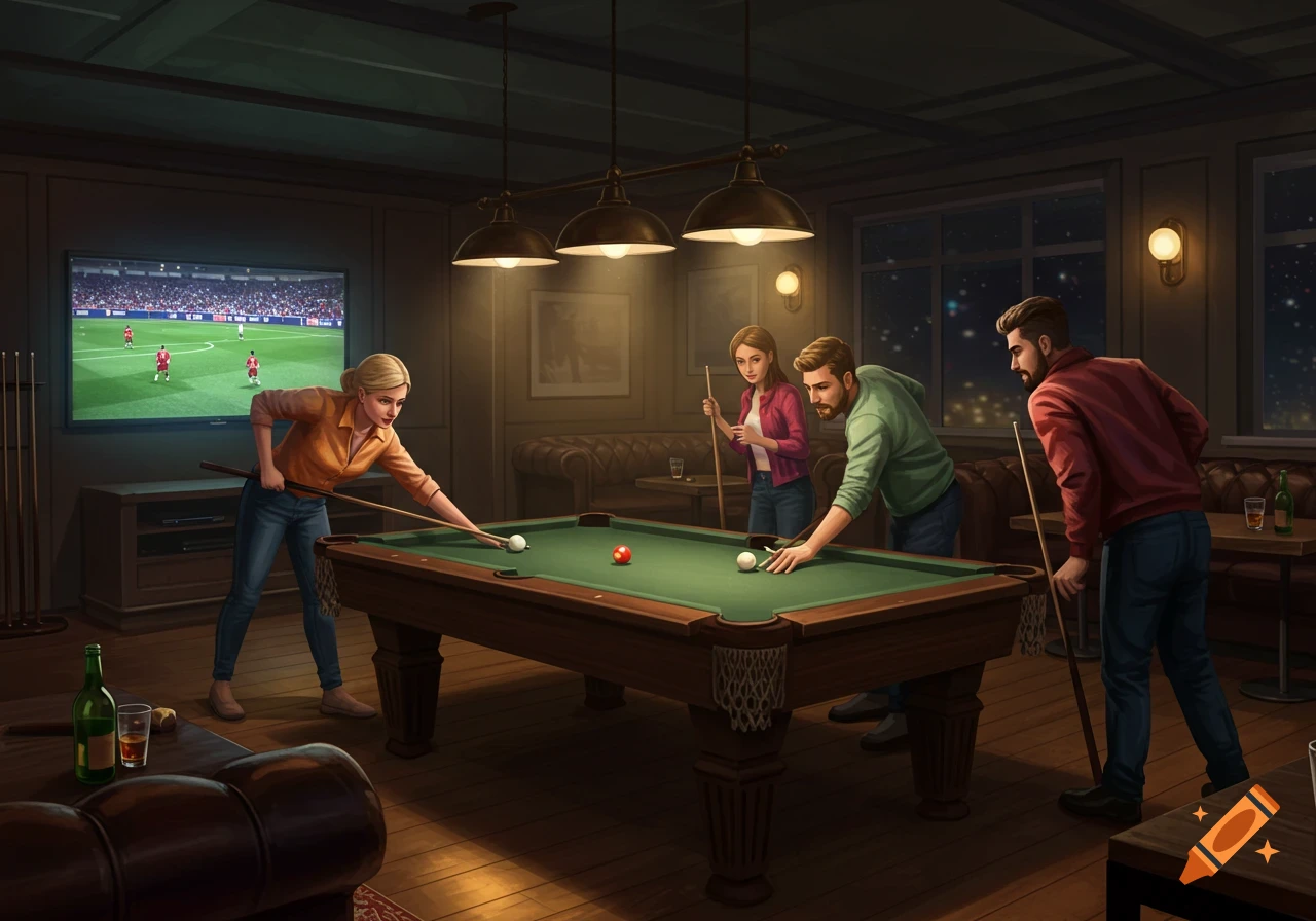 Four friends play billiards in a dimly lit game room with a football game on a large TV in the background, digital illustration.