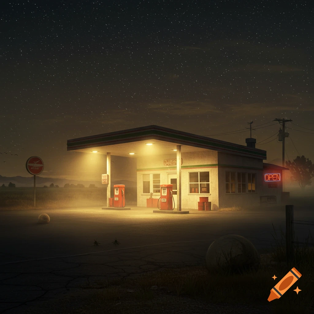 A brightly lit gas station with red pumps stands under a starry night sky in a rural, misty landscape.