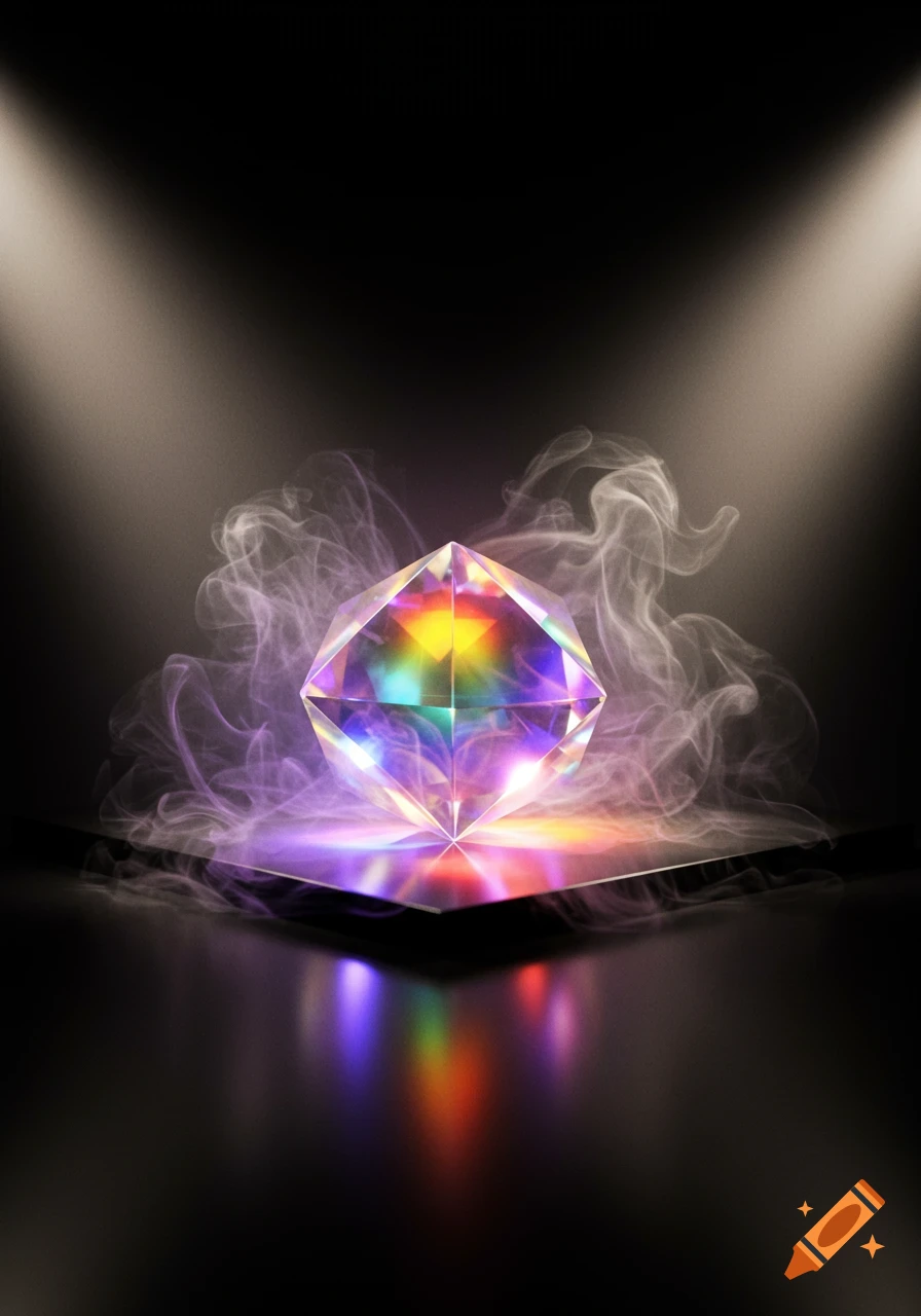 A multi-faceted prism reflects rainbow colors, surrounded by smoke and spotlights on a dark background.
