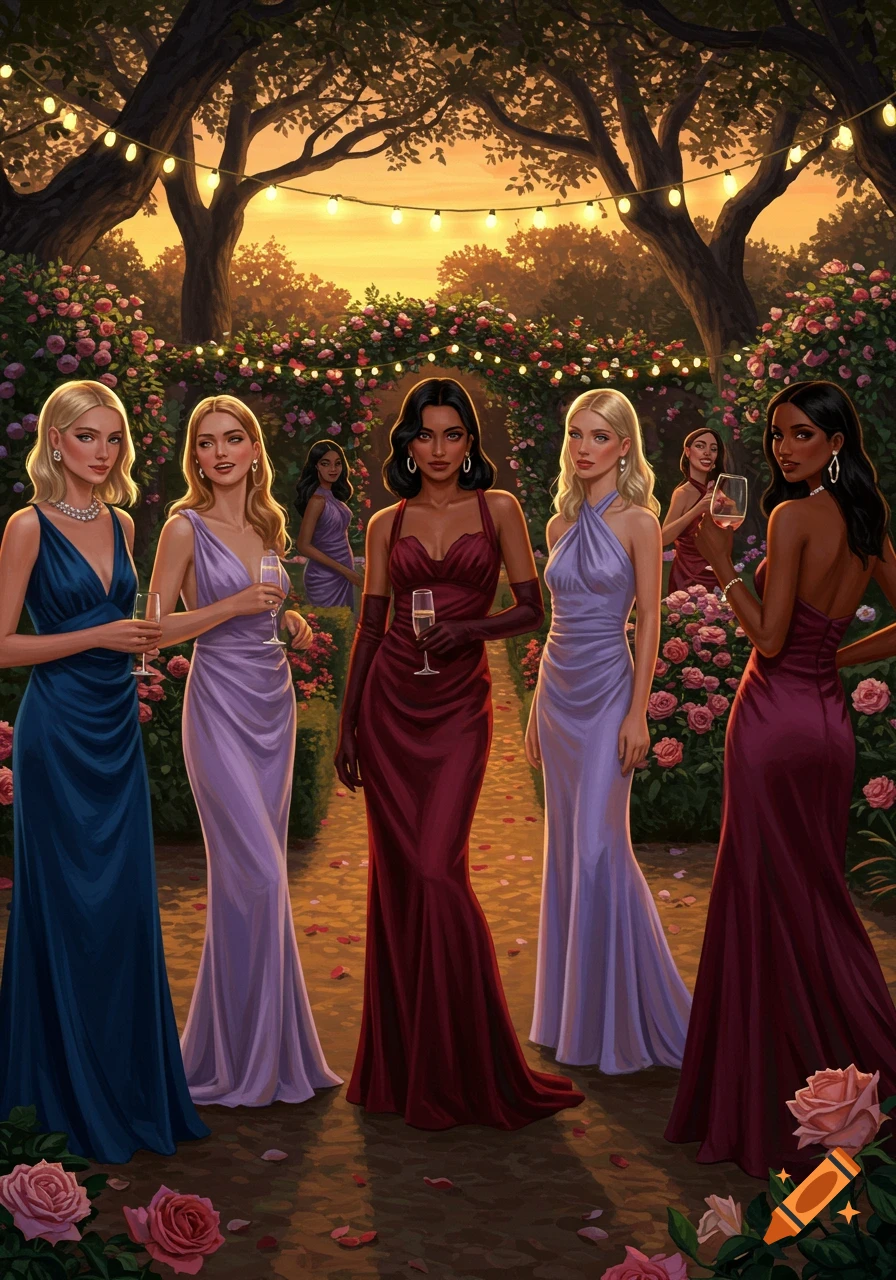 Illustration of women in elegant evening gowns at a sunset garden party with string lights and roses.