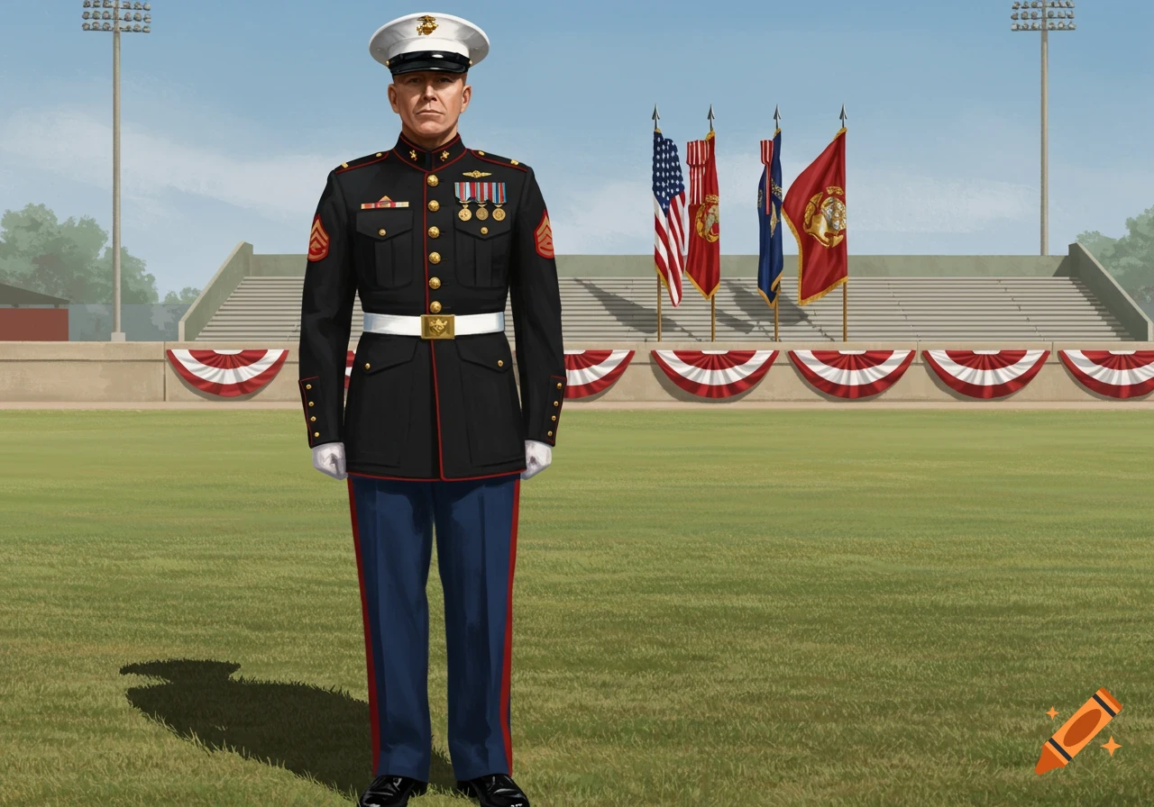 An illustration of a US Marine major in dress uniform standing at attention on a grassy field, with stadium bleachers and flags behind him.