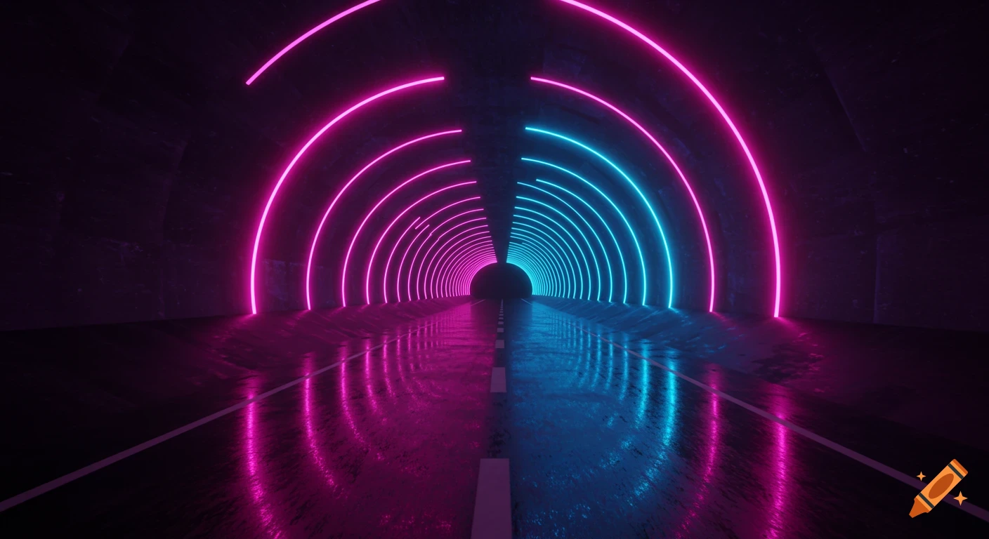 Dark futuristic tunnel with glowing neon pink and blue lights reflecting on a wet road.