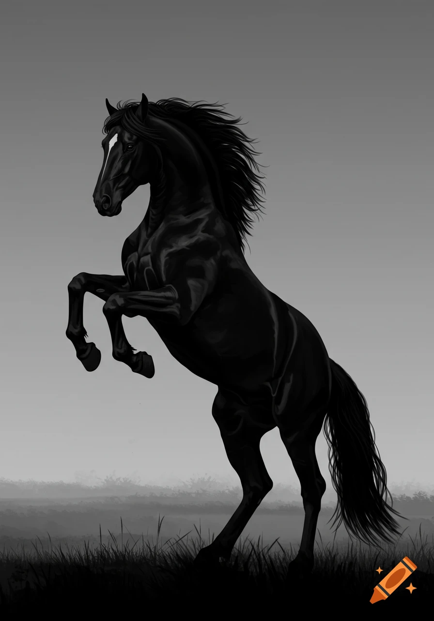 A majestic black horse with a white blaze rears on its hind legs in a monochromatic, stylized landscape with subtle foreground grass.