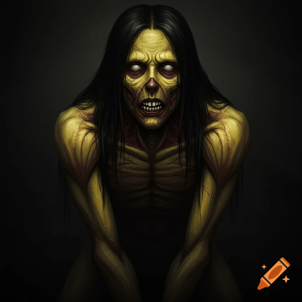 Grotesque gaunt creature with yellow skin, long dark hair, white eyes, and sharp teeth, hunched forward in a dark fantasy art style.