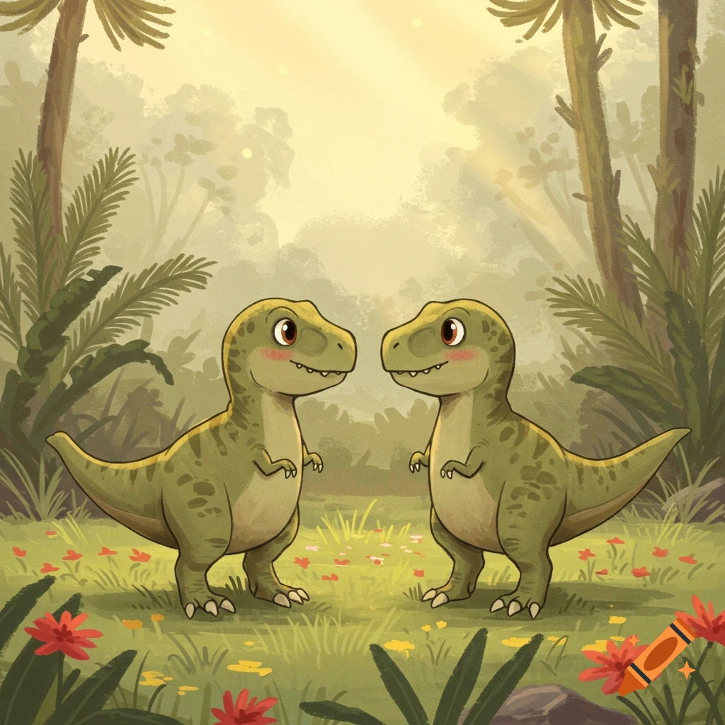 Two cute, cartoon T-rex dinosaurs with blushes on their cheeks stand in a lush jungle with flowers and trees.