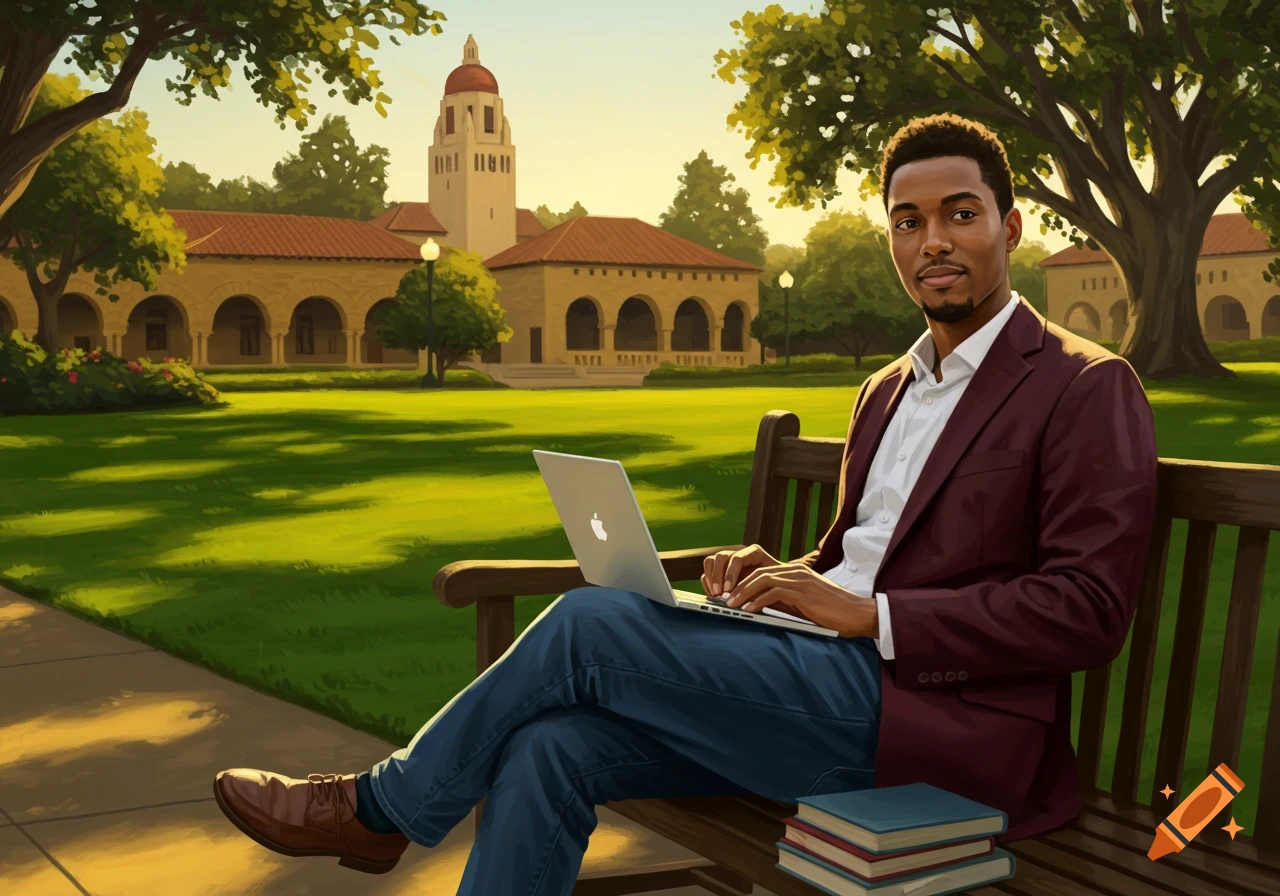 A young Black man sits on a bench with a laptop and books, on a sunny college campus with a historic building in the background. Digital painting.