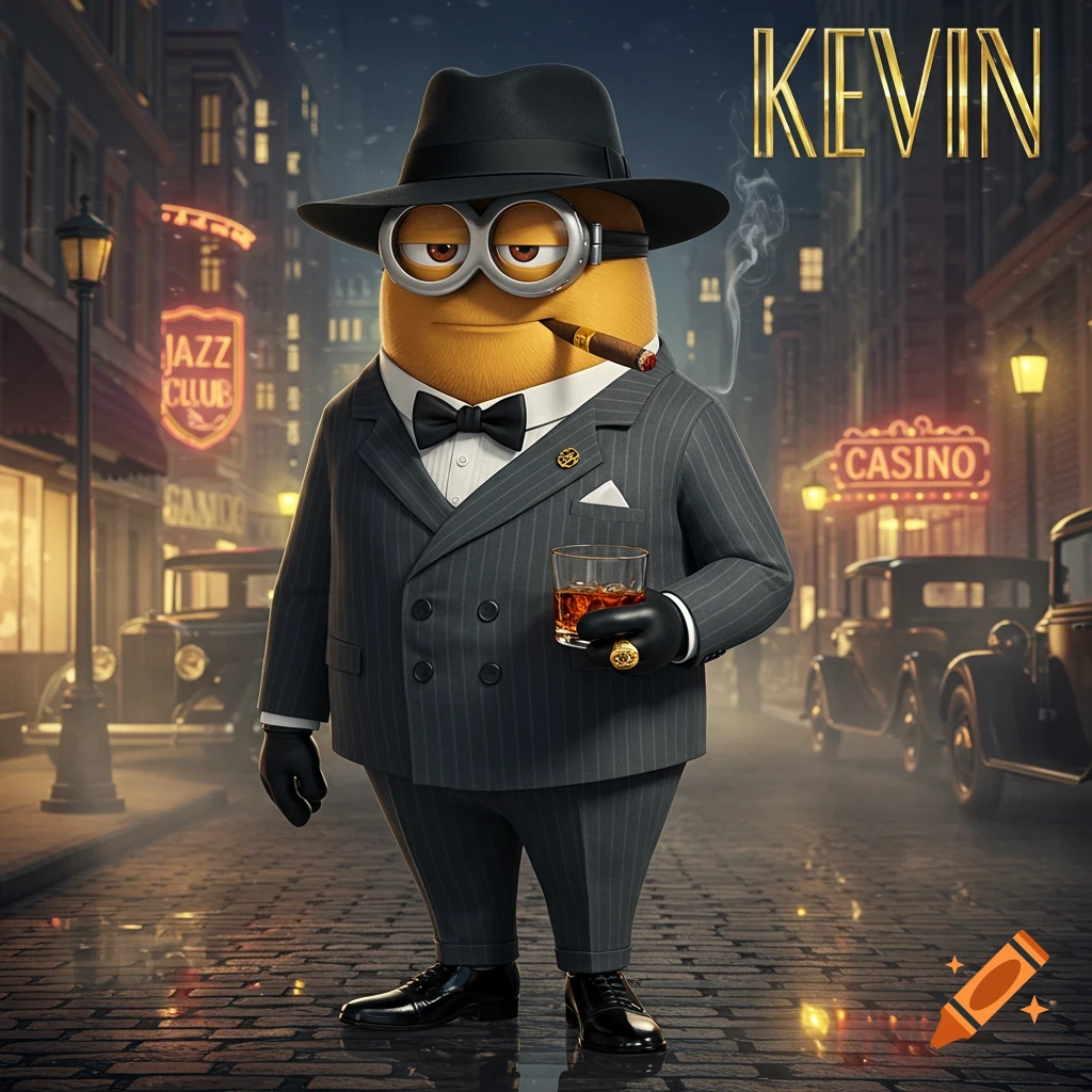 Kevin the Minion as a gangster in a pinstripe suit, fedora, smoking a cigar, holding whiskey on a 1930s city street with neon signs.
