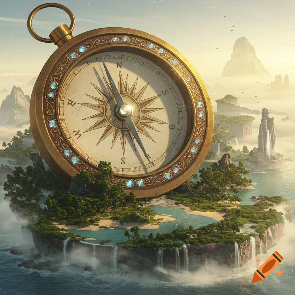 An oversized, ornate golden compass with sparkling gems stands on a lush fantasy island with waterfalls, surrounded by misty mountains.