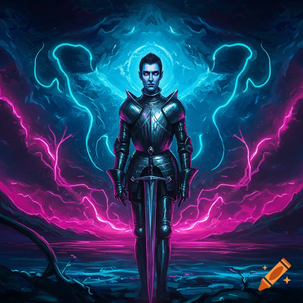 A knight in dark armor stands holding a sword amidst a dark, ethereal landscape with glowing blue and pink neon lights. Stylized painting.