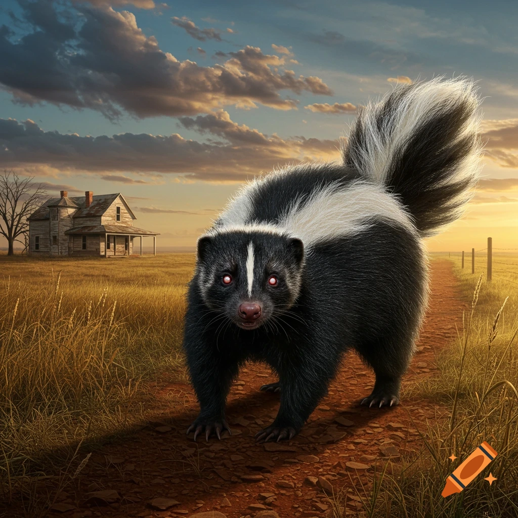 Photorealistic skunk with glowing red eyes on a dirt path in a golden field with an old farmhouse and sunset sky.