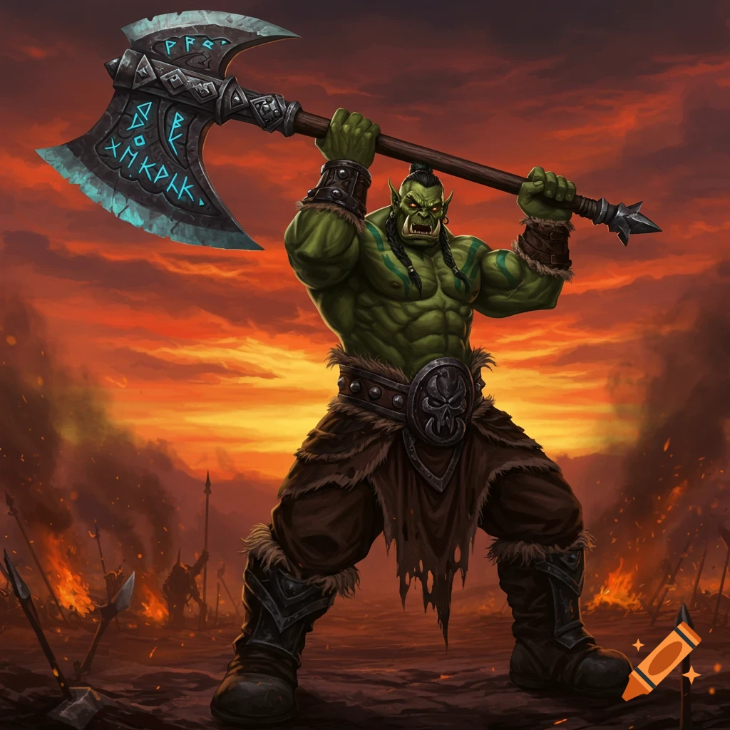 Muscular green orc warrior with a large glowing runic axe, standing heroically on a fiery battlefield at sunset. Digital art.