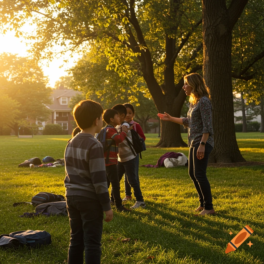 A woman speaks to a group of children in a sunny park at golden hour.