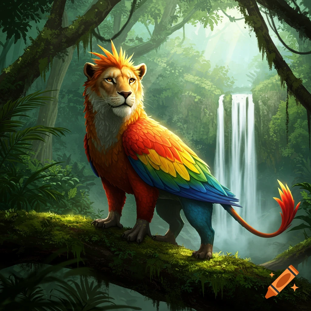 A vibrant lion-parrot hybrid with a rainbow feathered body stands on a mossy log in a lush jungle with a waterfall.