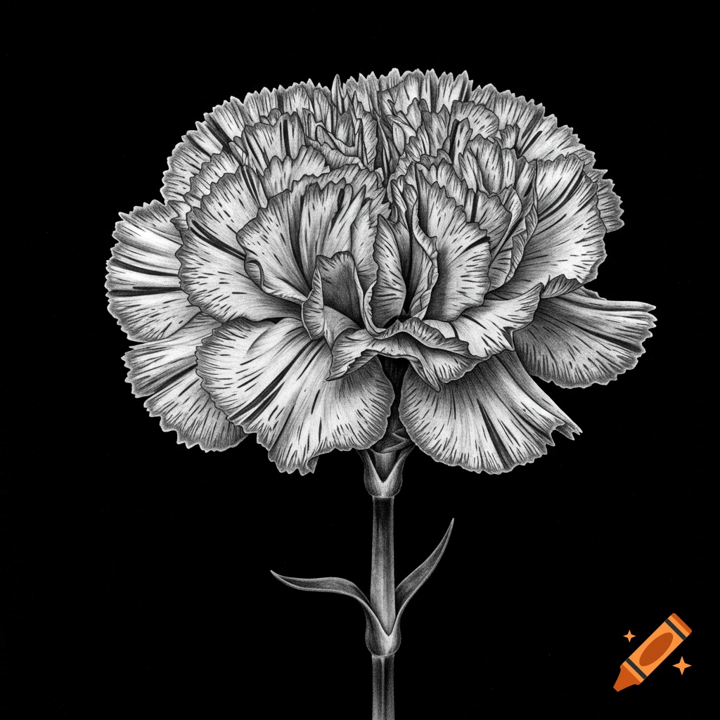 Detailed black and white pencil drawing of a single carnation flower with a stem on a black background.