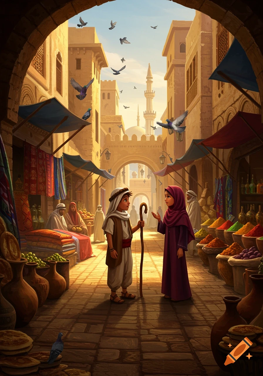 An Arabian boy and girl talk in a bustling, colorful market with spices, archways, and flying pigeons, stylized illustration.