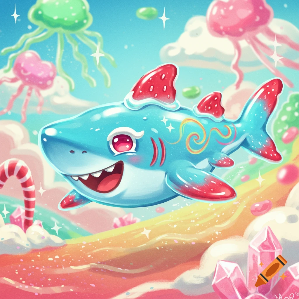 A cute, smiling blue gummy shark with strawberry fins swims through a vibrant candy land with jelly creatures and crystals, cartoon style.