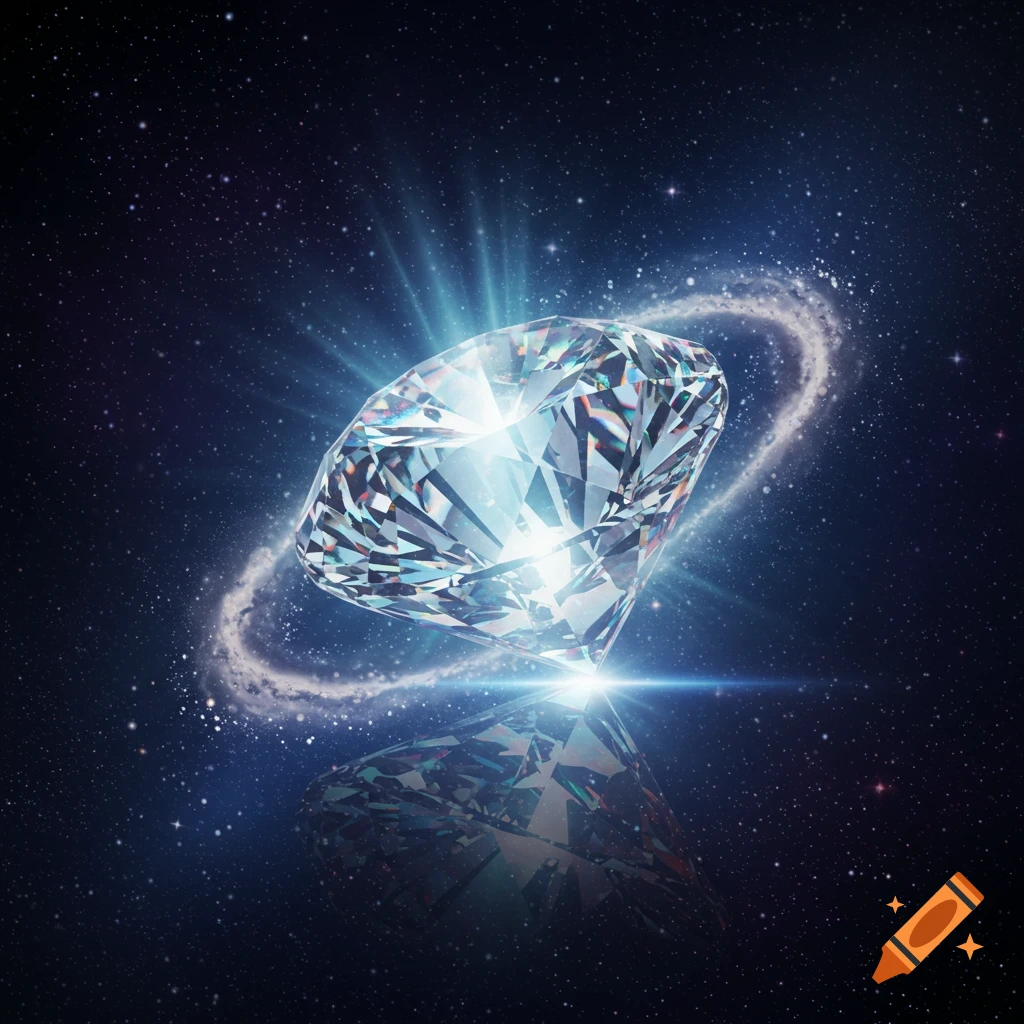 Brilliant, faceted diamond floats in starry dark space with light rays and a glowing ring.