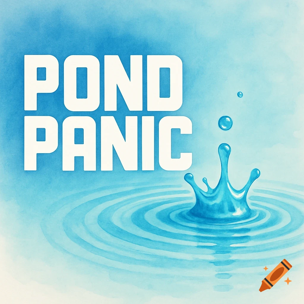 Stylized illustration of the words 'POND PANIC' in white block letters above a blue water splash and ripples in a light blue watercolor background.