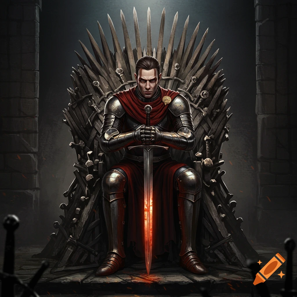 A man in dark medieval armor and a red cape sits on a throne of swords, holding an illuminated sword, with dramatic lighting.