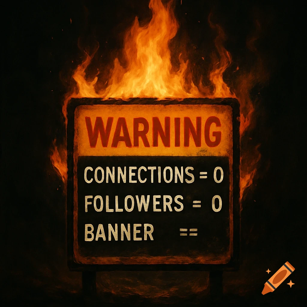 A weathered warning sign engulfed in flames, displaying 'WARNING', 'CONNECTIONS = 0', 'FOLLOWERS = 0', 'BANNER ==', against a dark background.