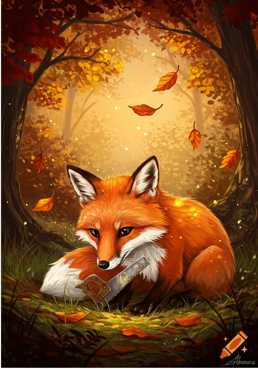 A vibrant illustration of an orange fox sitting in an autumn forest, holding a small saw amidst falling leaves.