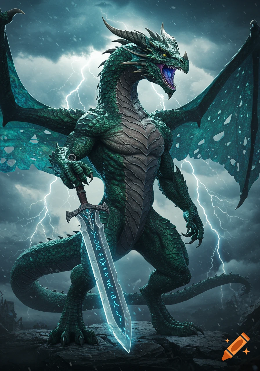 A powerful, detailed green dragon with large wings stands on a rocky outcrop, holding a glowing magical sword under a lightning storm.