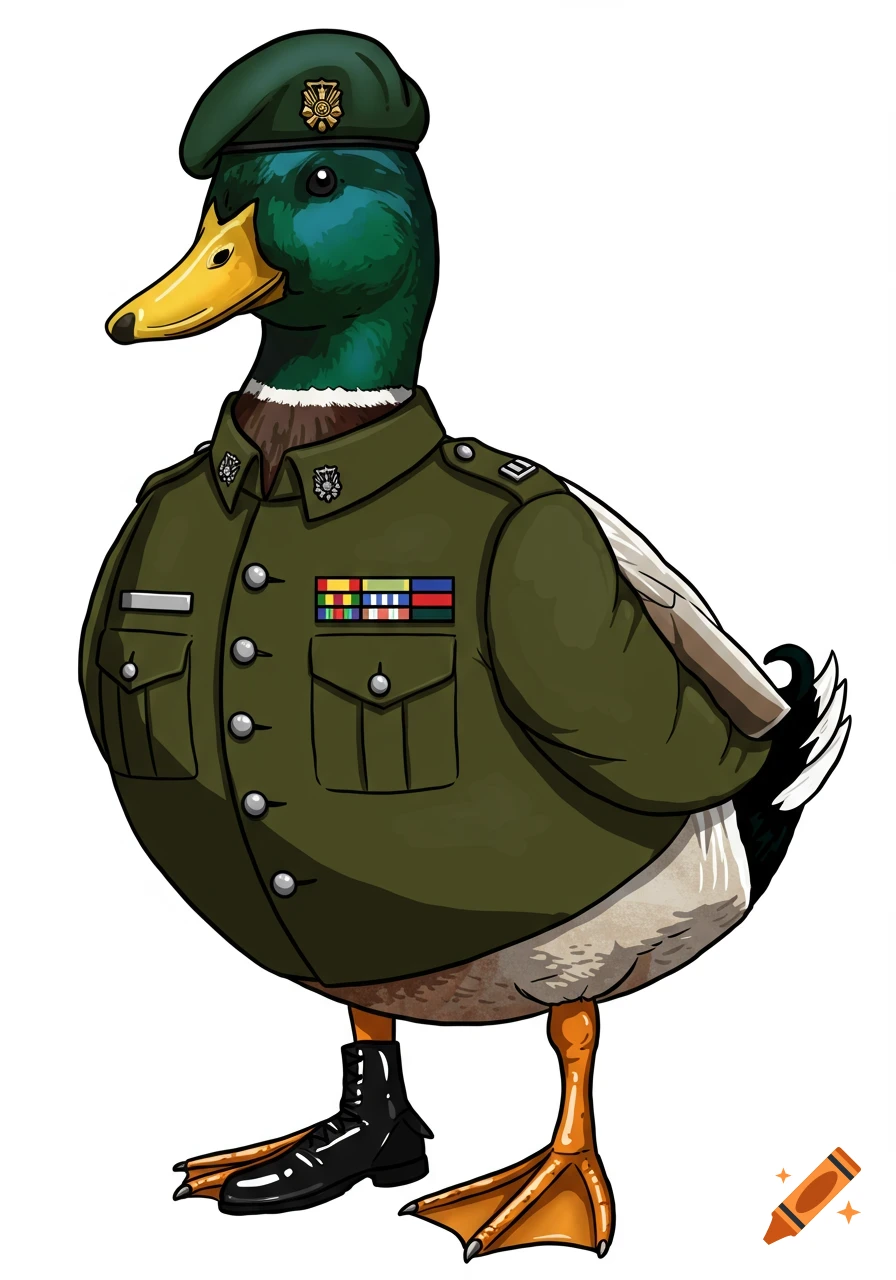 A highly detailed vector cartoon of a mallard duck wearing a green military soldier's uniform, beret, and one boot.