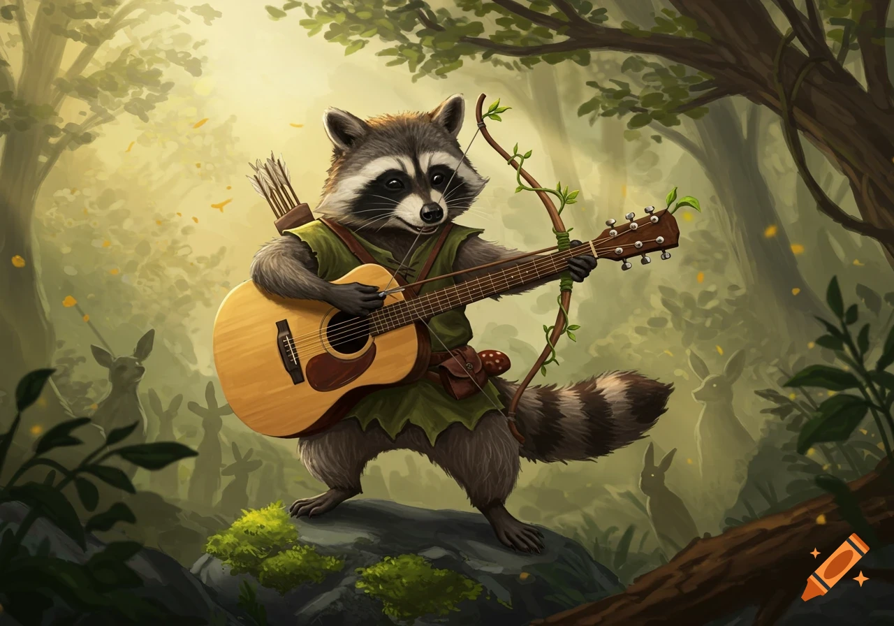 A raccoon archer plays a guitar that doubles as a bow in an enchanted forest, with blurry rabbits in the background. Digital art.