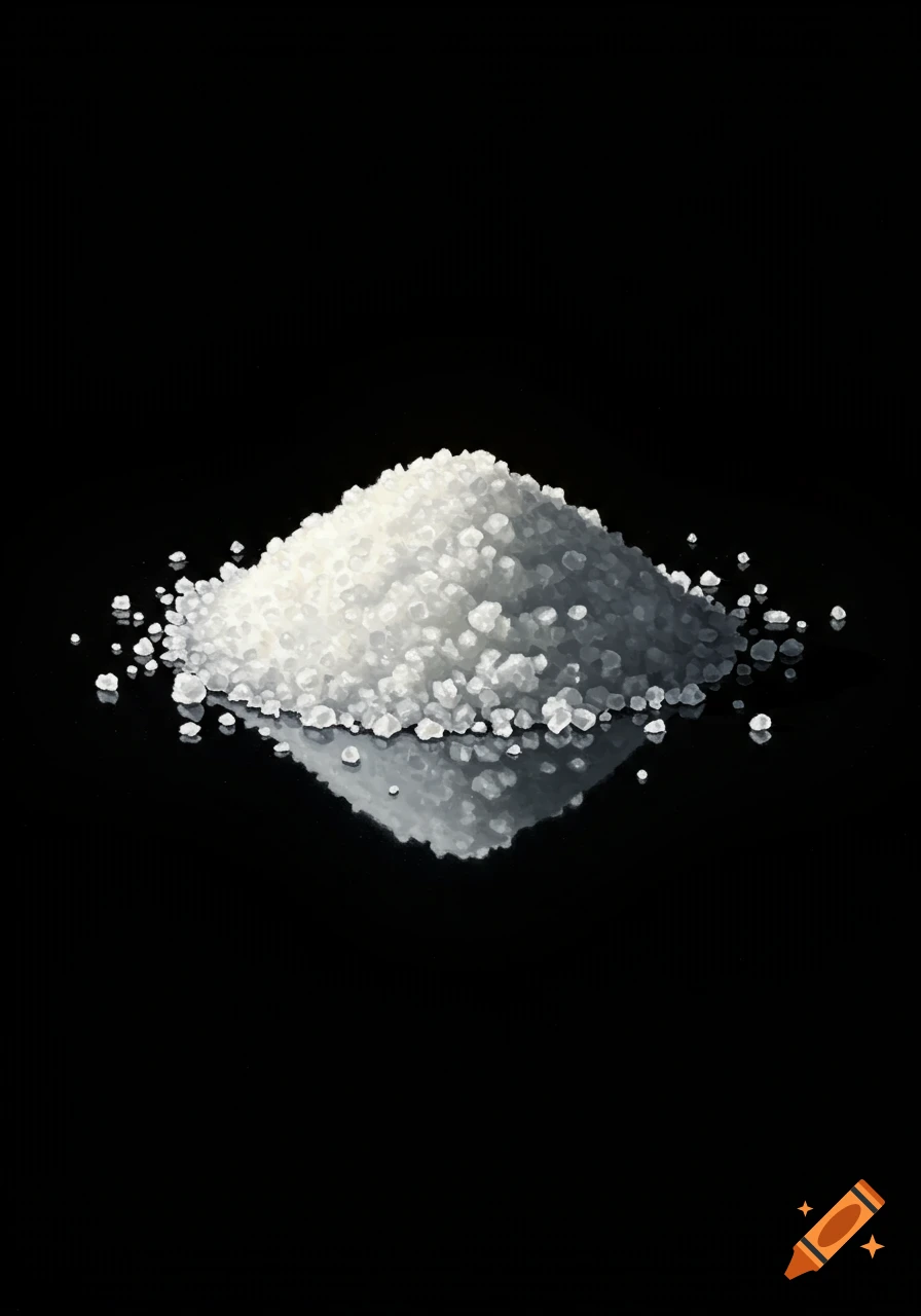 A mound of white salt crystals reflects on a dark, shiny surface.