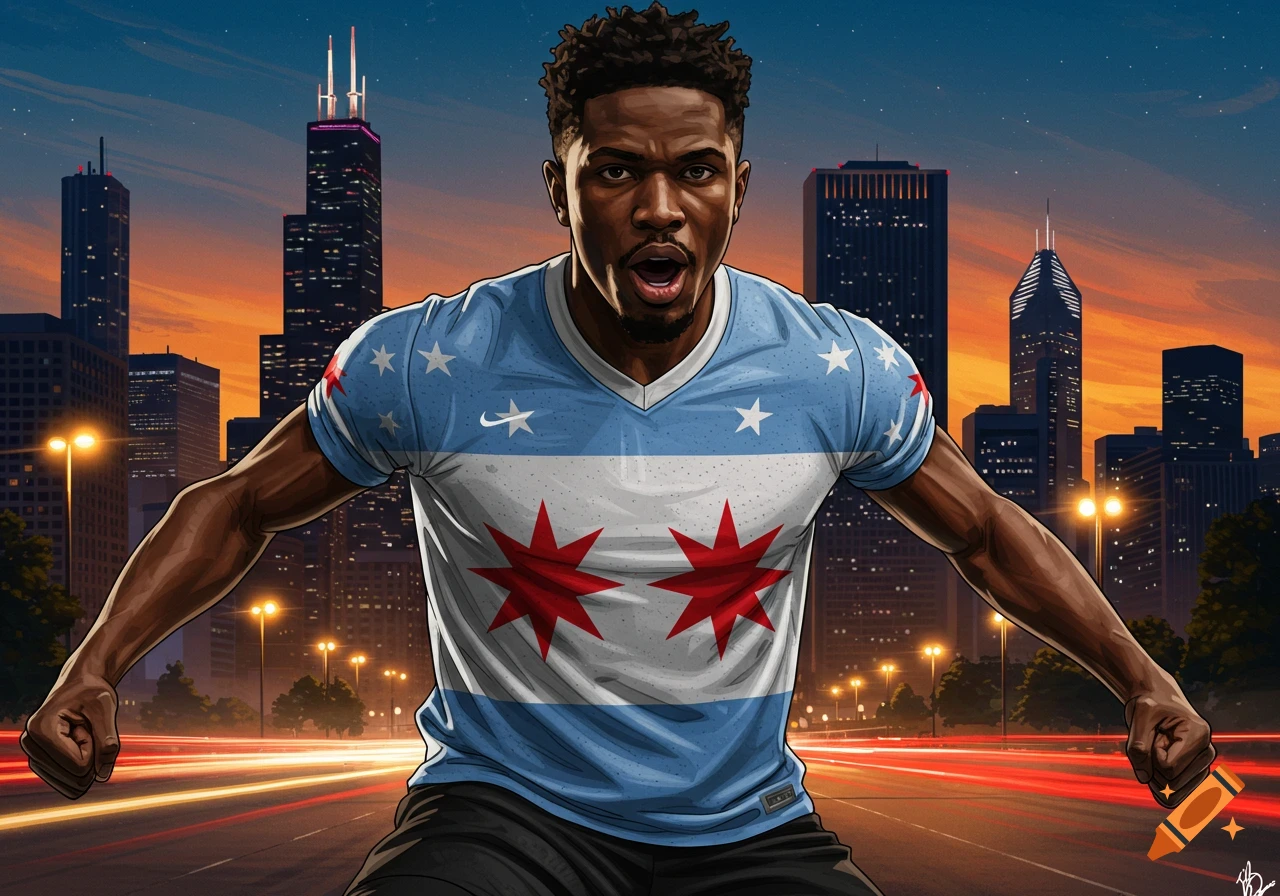 Stylized illustration of a man in a Chicago flag jersey, lunging forward on a city street at dusk with a skyline background.