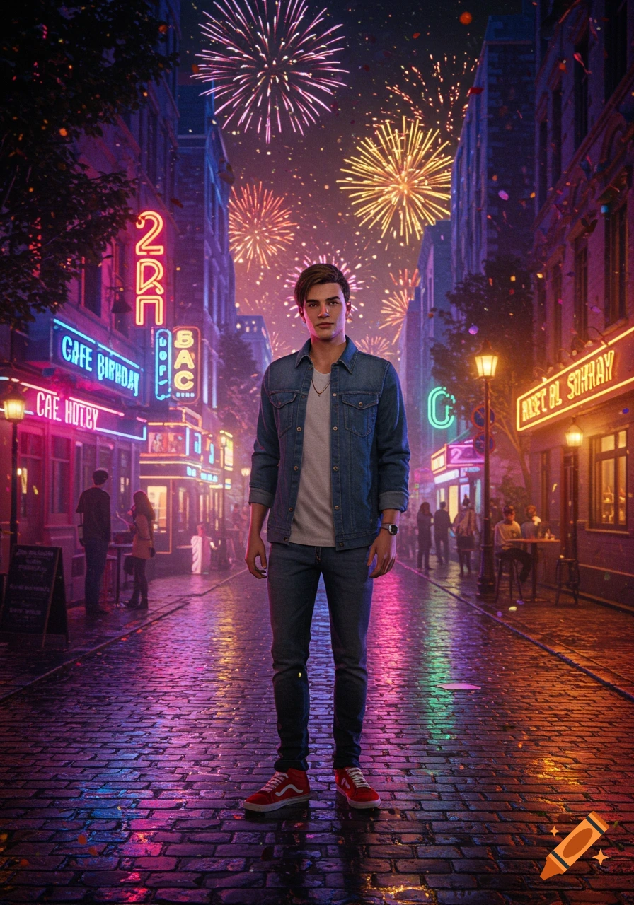 A young man stands on a wet, neon-lit city street at night, with fireworks exploding overhead.