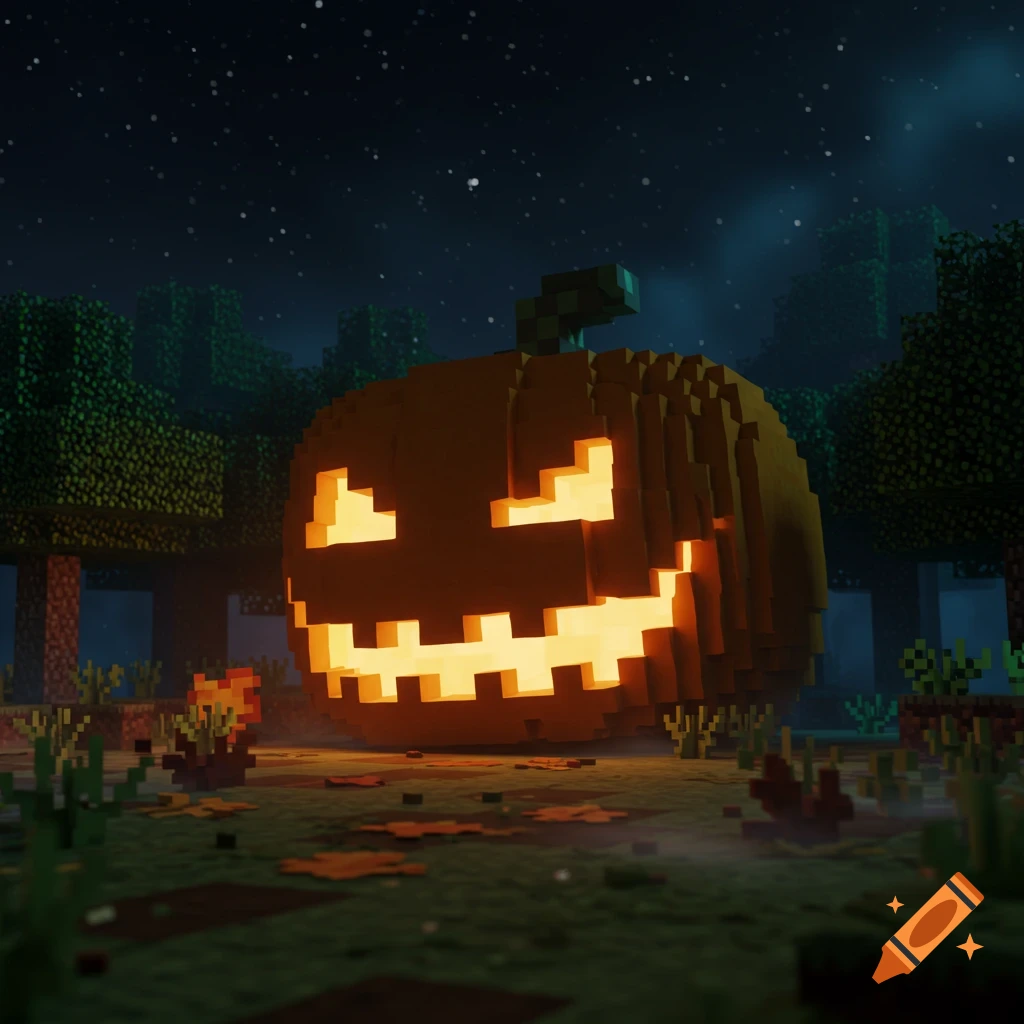 Minecraft-style glowing Jack-o'-lantern in a dark, starry forest at night with fallen leaves.