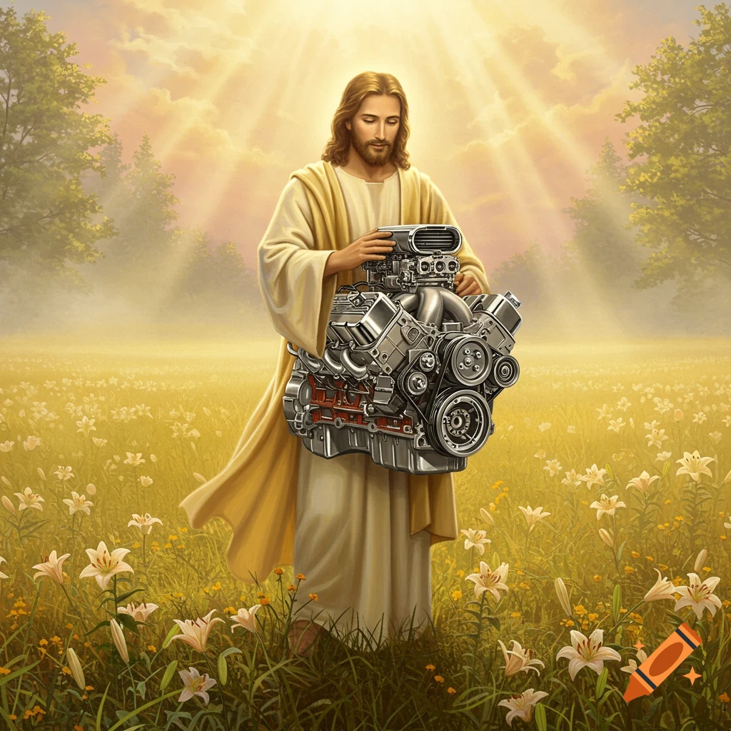 Jesus stands in a sunny field of white lilies, holding a detailed car engine with a radiant halo in a painterly style.