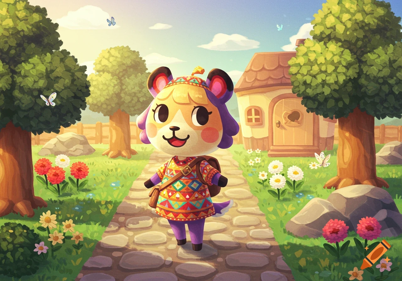 A cute Animal Crossing-style character with blonde hair and purple ears, wearing a colorful patterned top and backpack, walks on a stone path in a sunny village.
