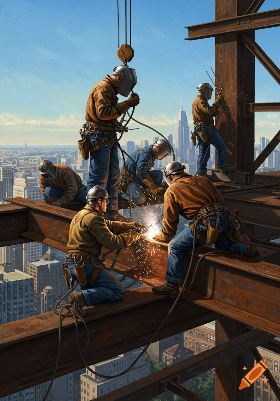 Detailed illustration of iron workers welding steel beams high above a city skyline, with the Empire State Building visible.
