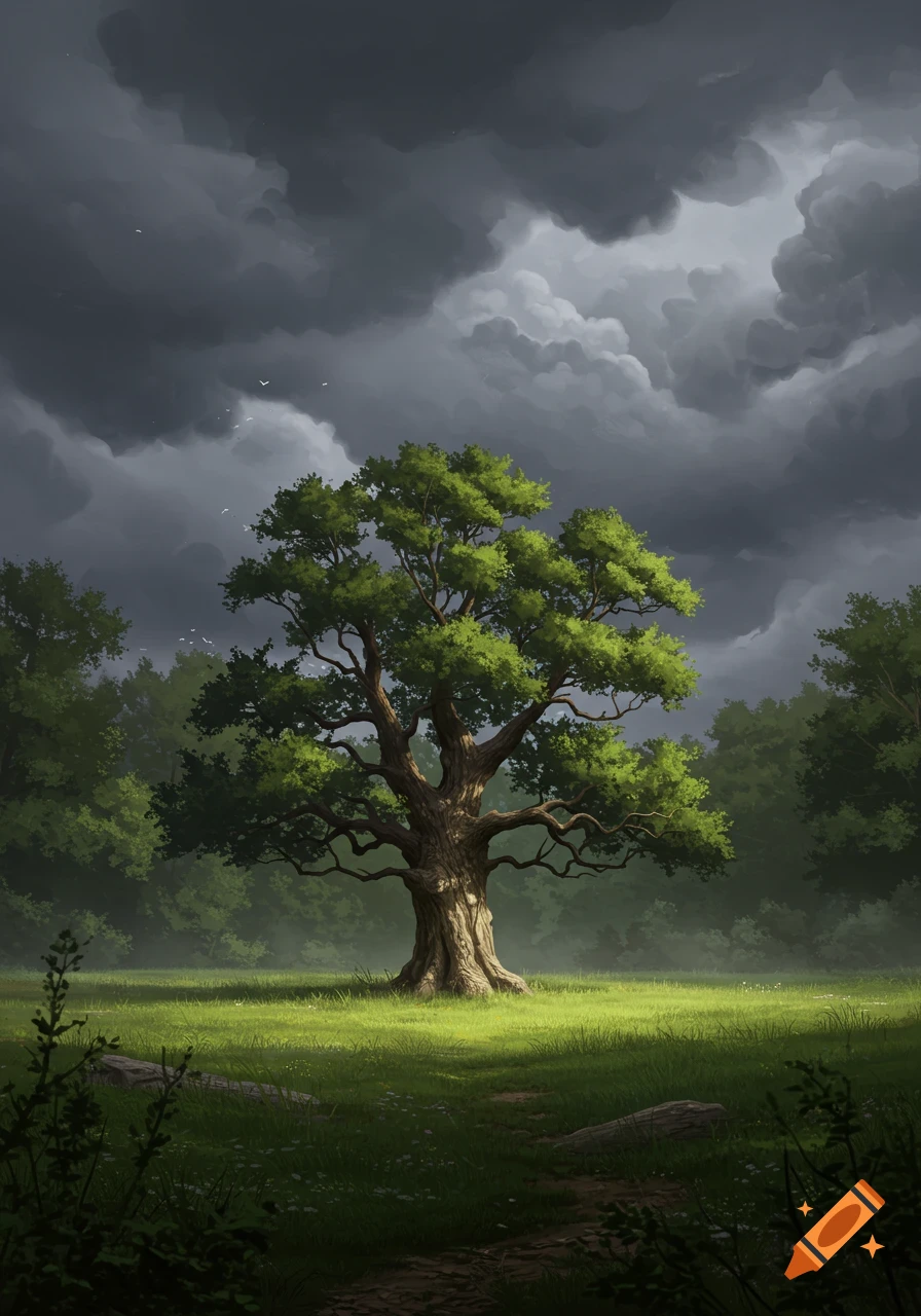 A vibrant green-leafed tree stands in a sunlit forest clearing under a dramatic, dark stormy sky. Digital art.