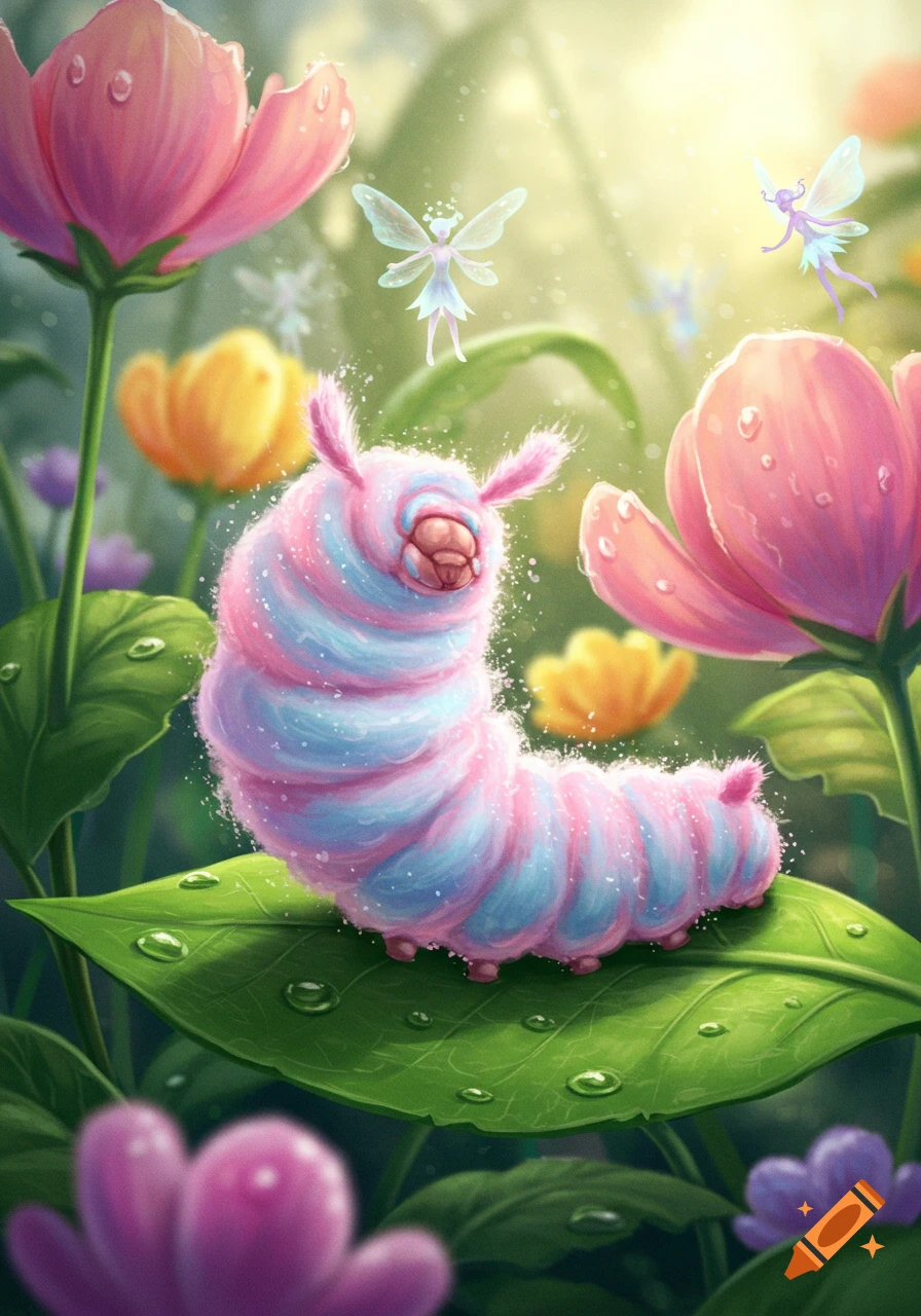 A colorful cotton candy caterpillar with pink and blue stripes sits on a dewy green leaf among pink and yellow flowers, with tiny fairies fluttering in the background.
