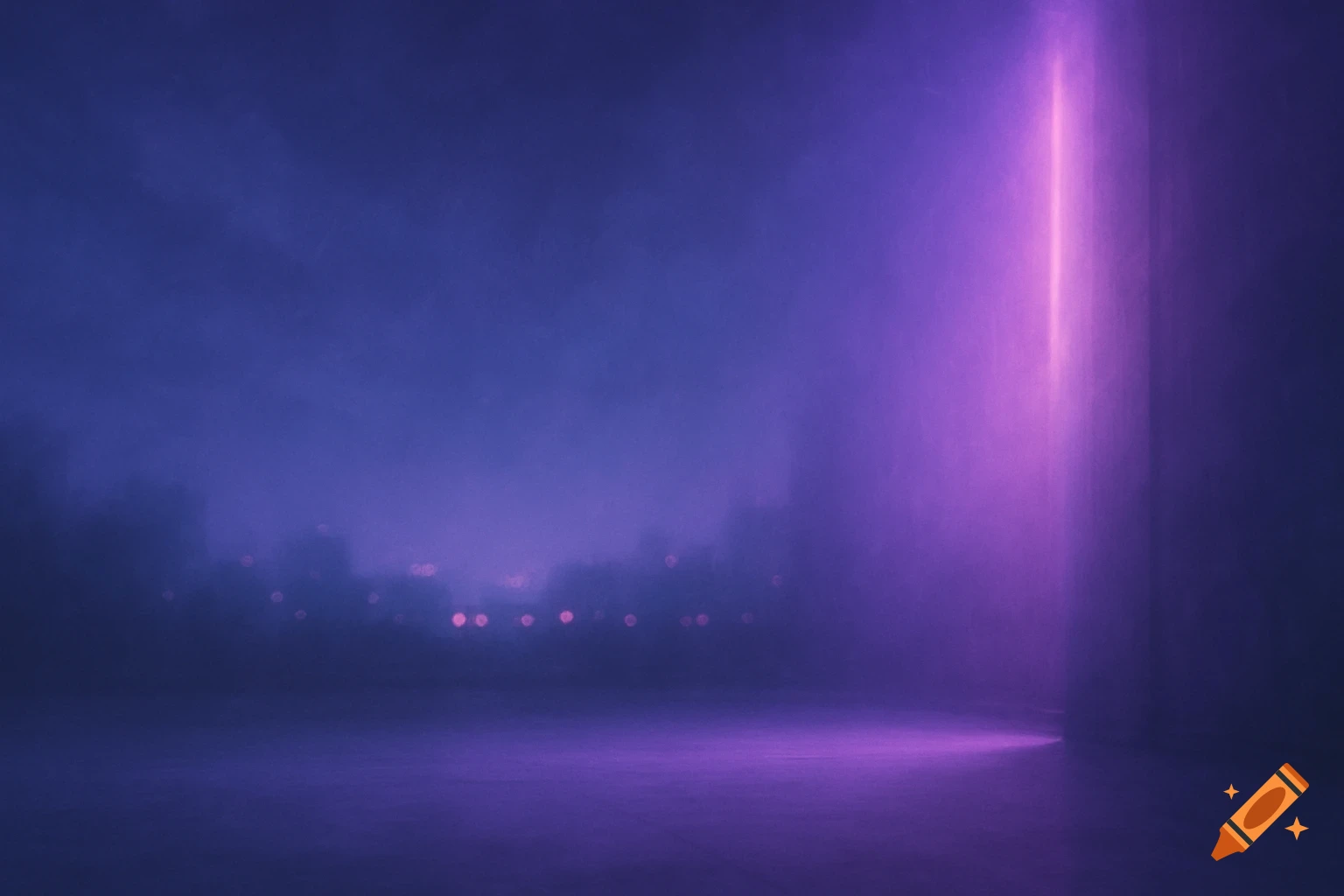A moody, abstract night scene with a purple neon light beam illuminating a misty foreground, blurred city lights in background.