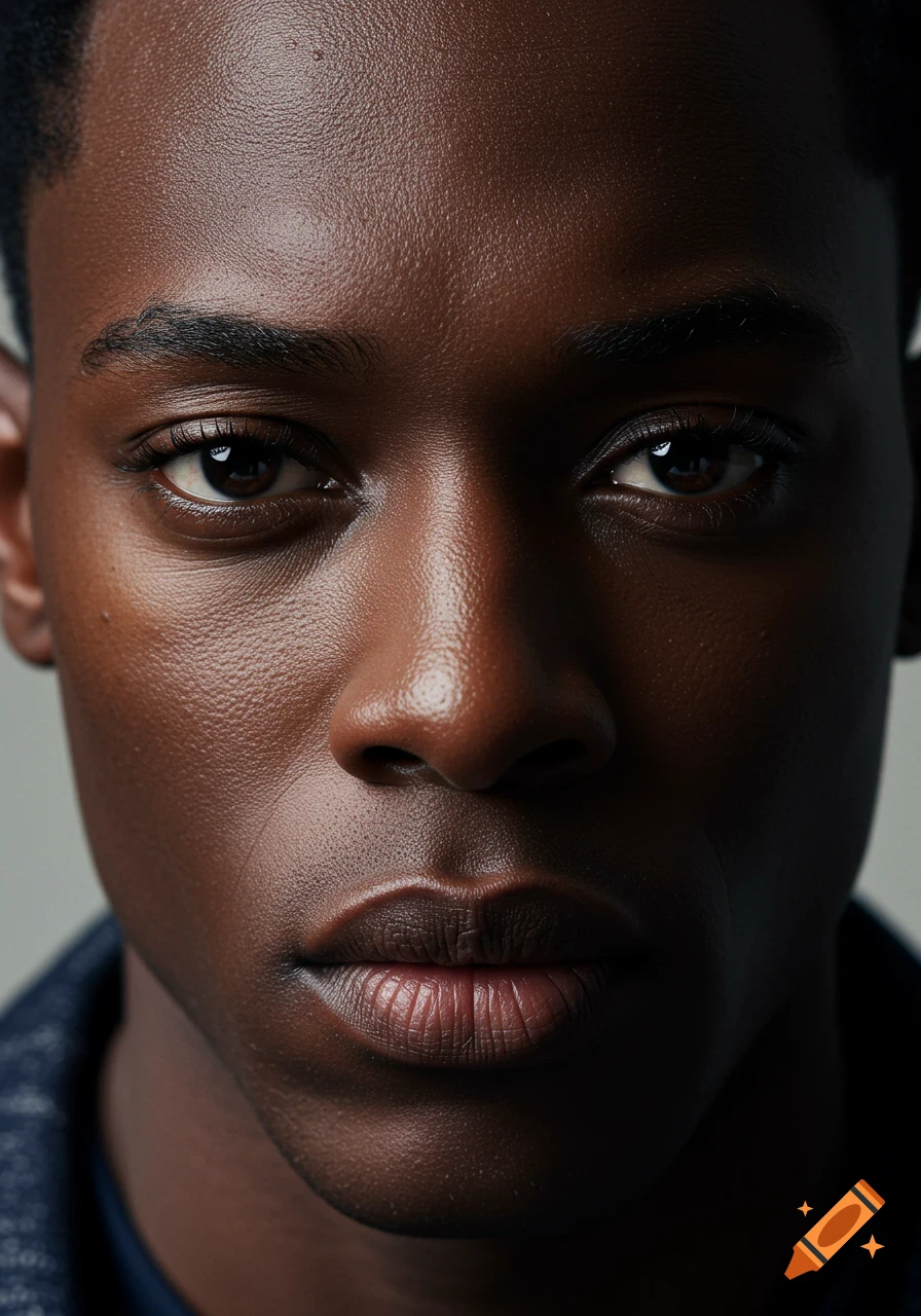 Photorealistic close-up portrait of a young Black man looking directly at the viewer, showing detailed skin texture and features.